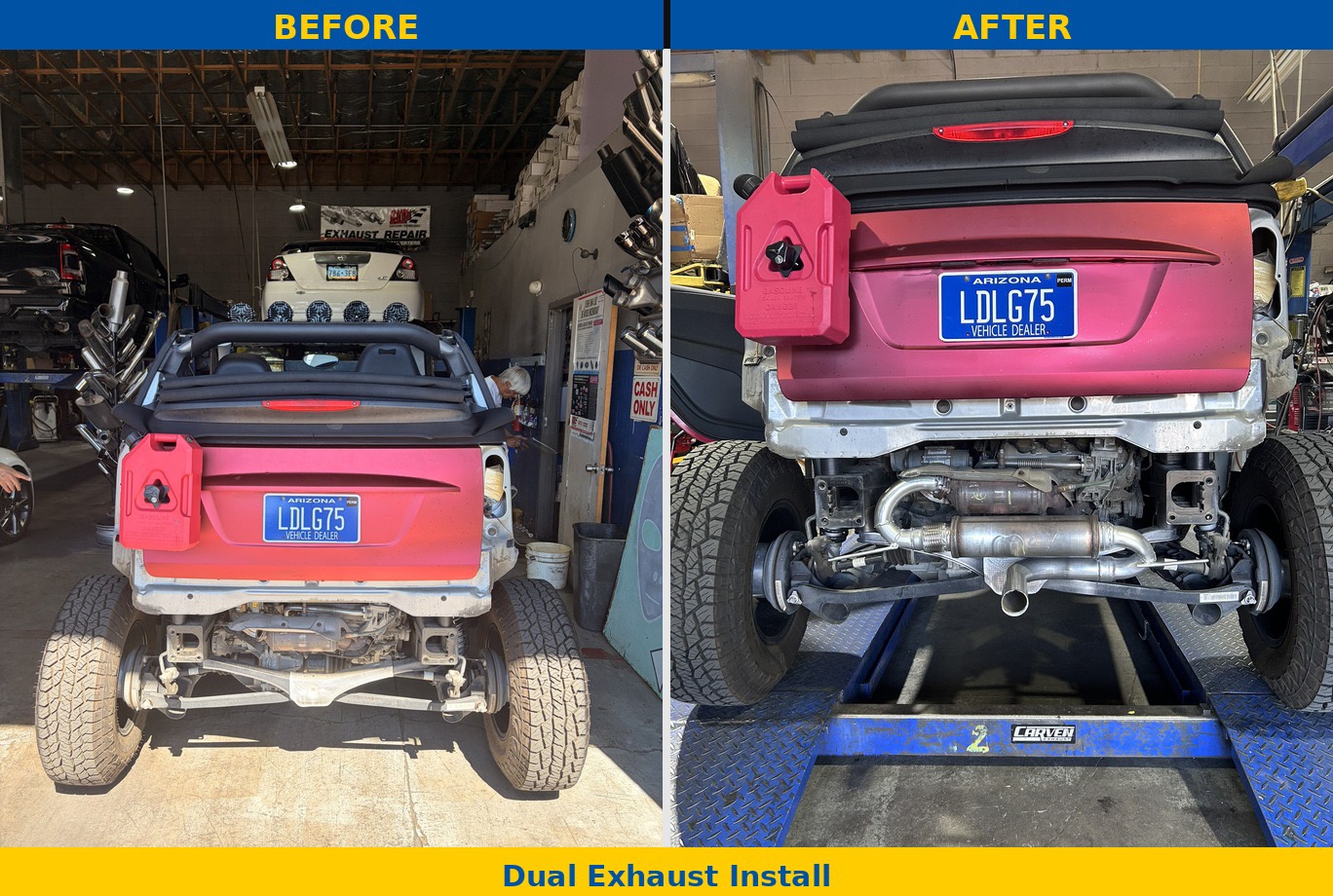 Dual exhaust installation before and after